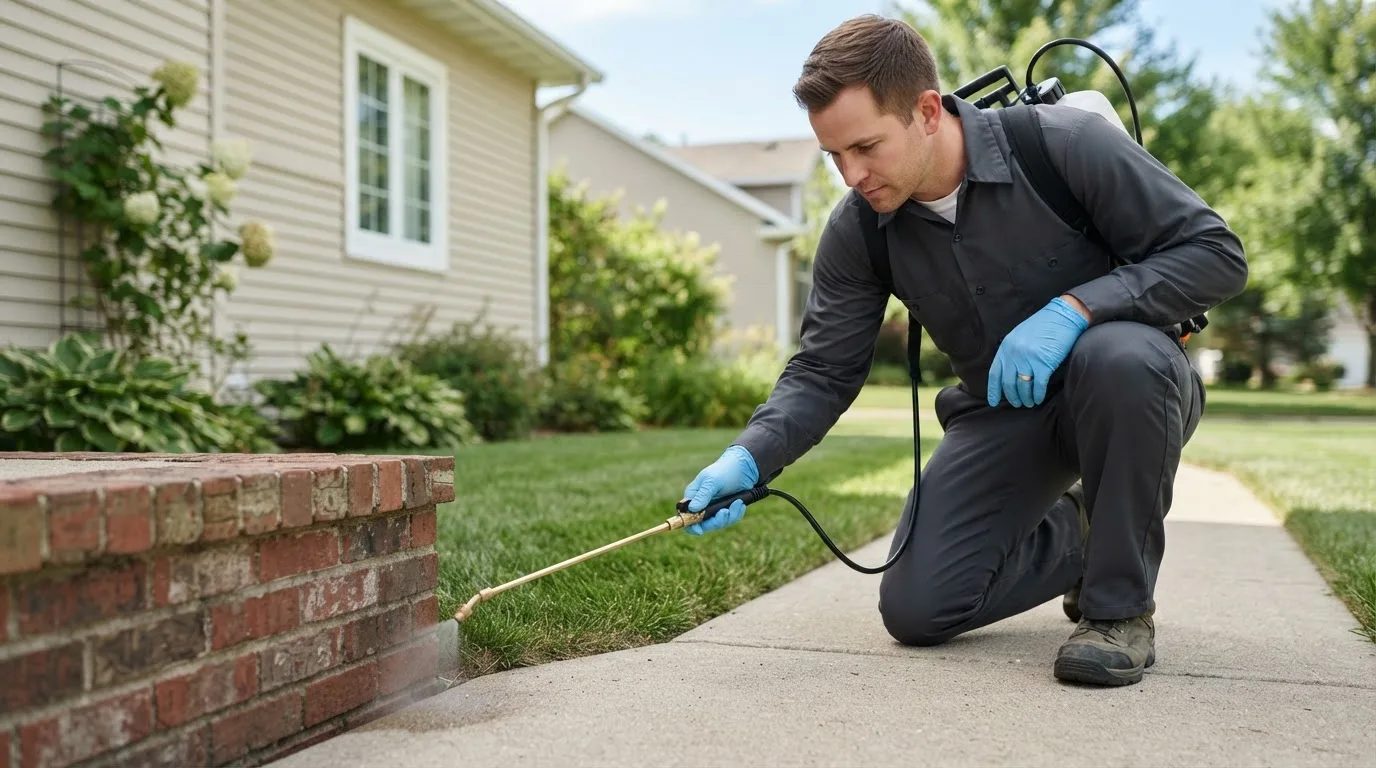 Pest control technician treating a home near Shenandoah, IA
