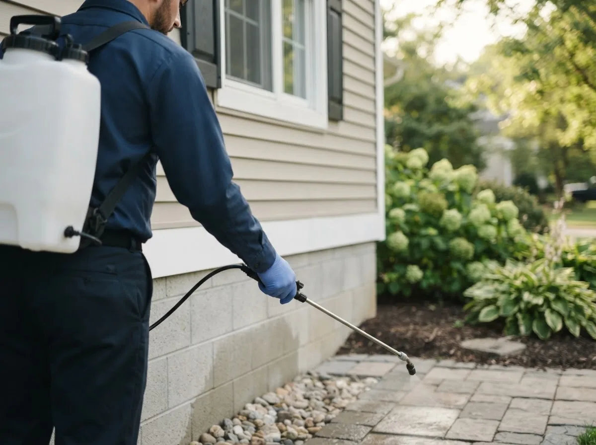 Pest control technician inspecting a home in Shenandoah, IA